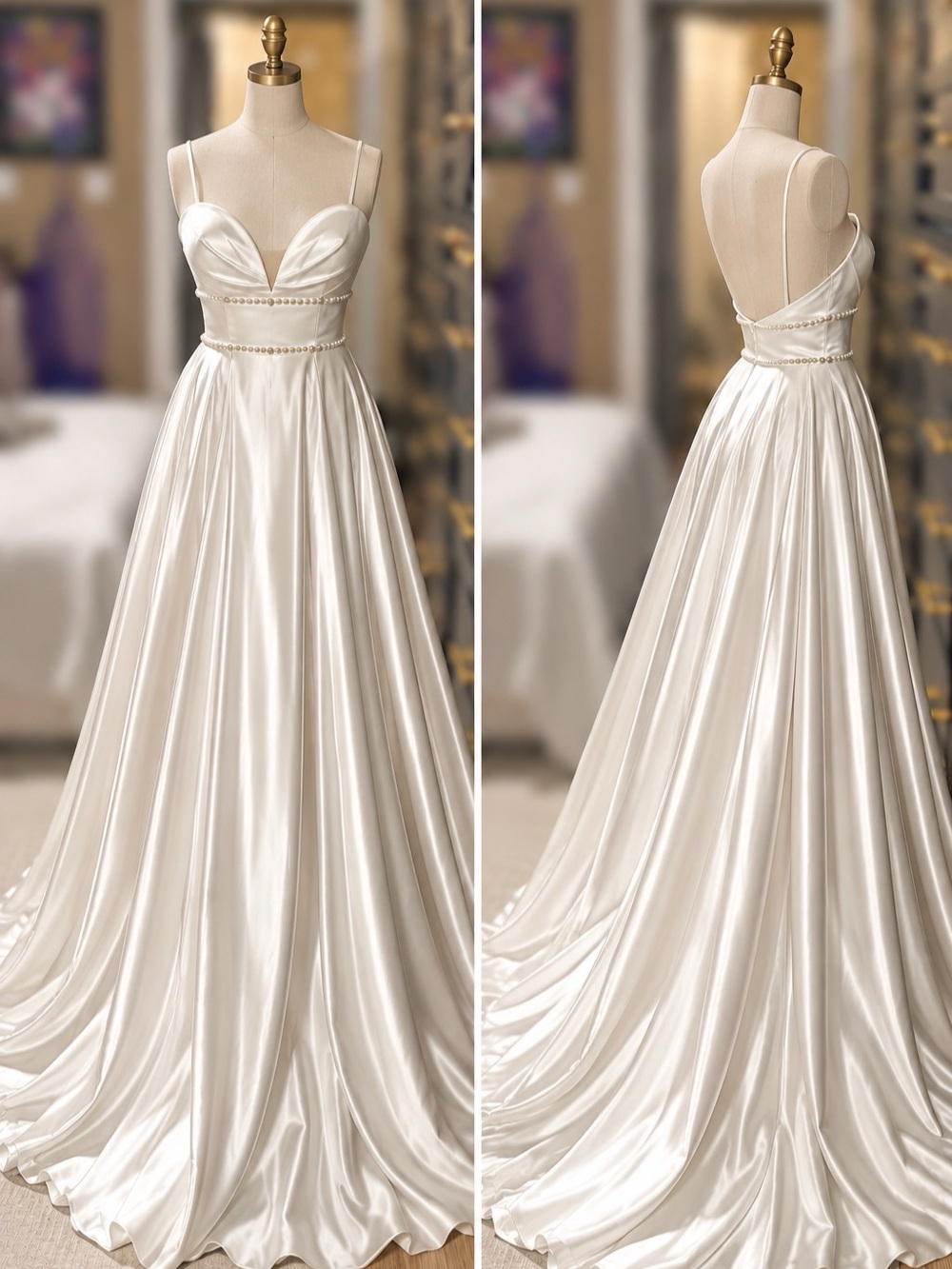 Ivory Satin Bridal Wedding Gown w/ Pearl Detail & Pockets – Street Size 8
